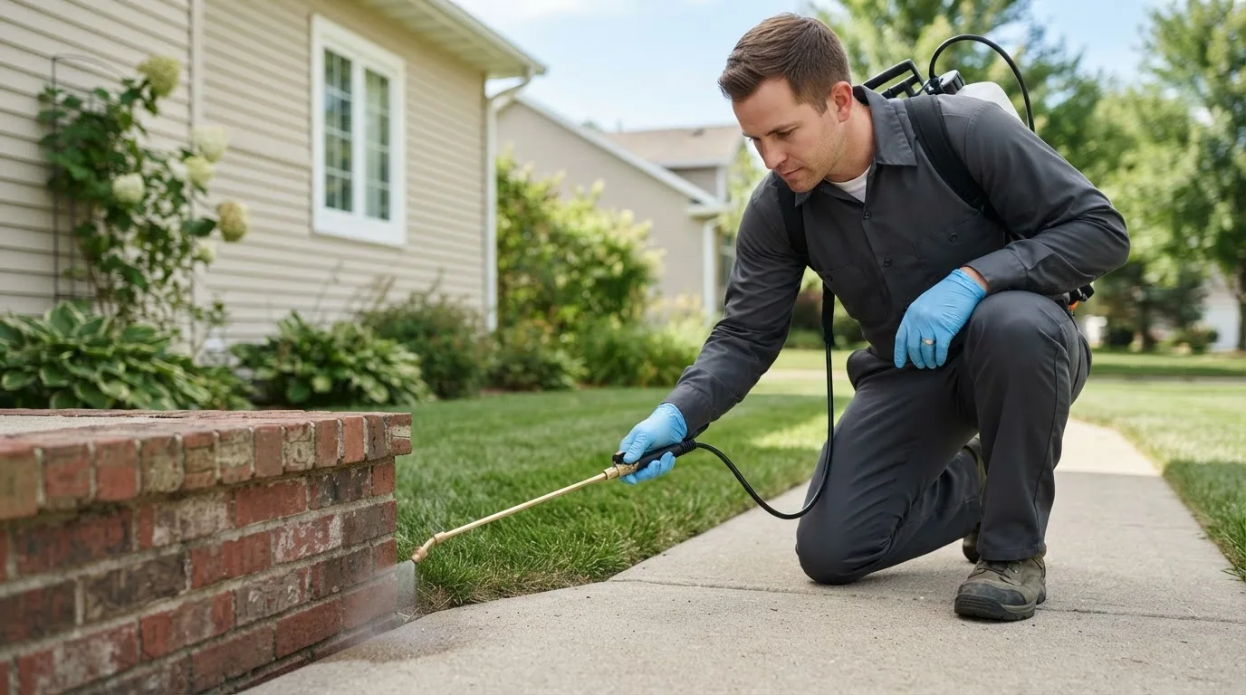 Pest control technician treating a home near Cushing, TX